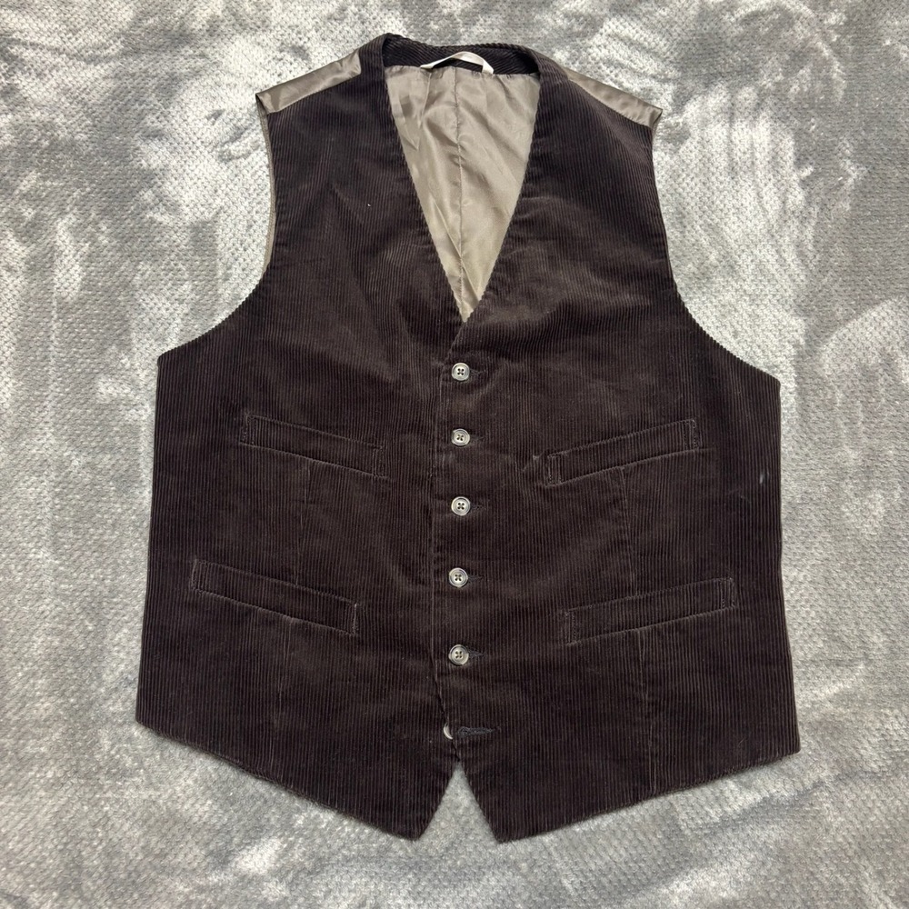 Merona Mens Corduroy Vest Brown Cotton Button Front Cinch Back Medium